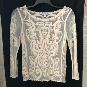 Express Off-White Long Sleeve Lace Shirt